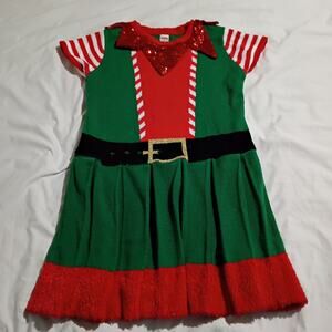 Ugly Christmas Sweater Dress Large Elf Sequin Collar Faux Fur Hem Red/Green